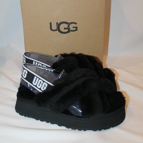NIB UGG CRISS CROSS PLATFORM SHEARLING SLIDE SLIPPER SANDALS BLACK WHITE - Picture 2 of 7